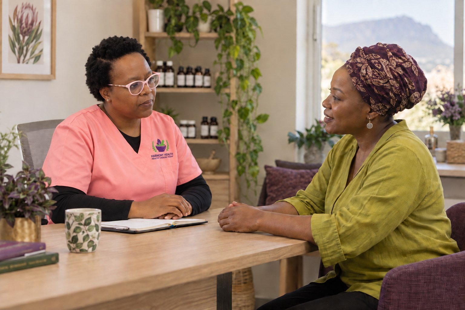 Illustration of a patient and clinician in a wellness consultation