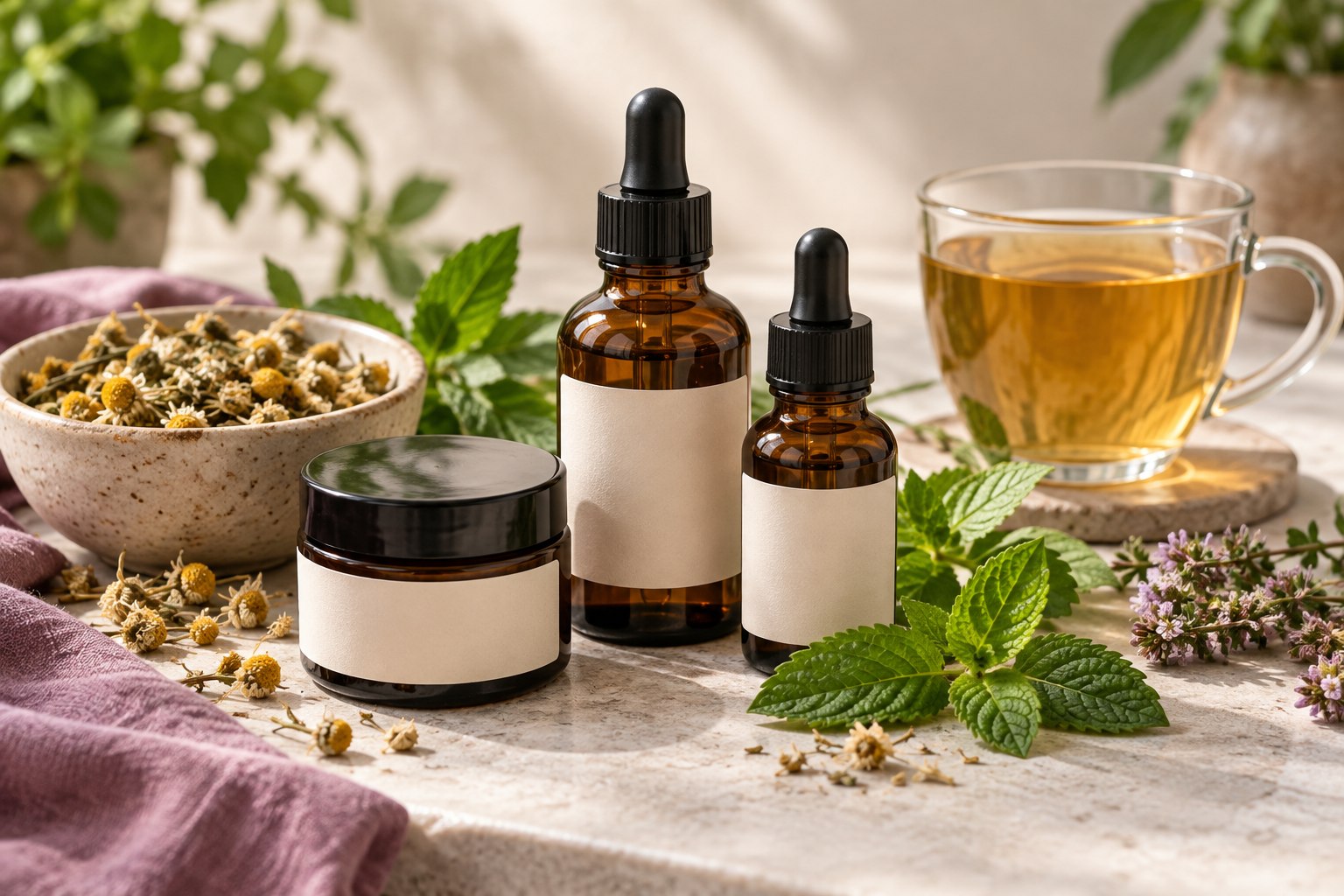 Herbal wellness products with botanicals and herbal tea